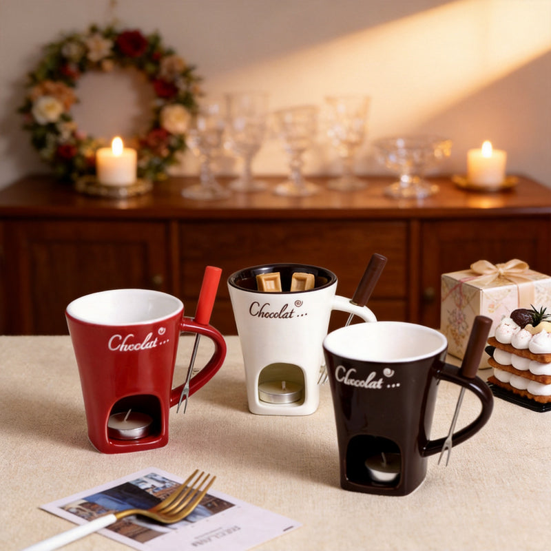 Three Fonduette mugs, red, white and chocolate, on a Christmas table